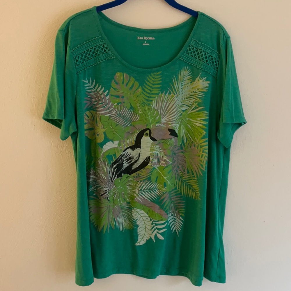 kim rogers green tshirt with toucan design